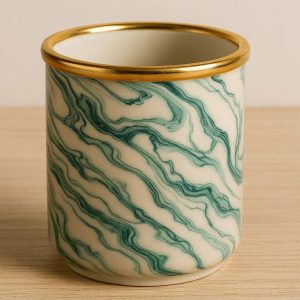 6 Retro Ceramic Marble Pattern Pen Holder Desktop Makeup Storage Cup with Gorgeous Gold Rim